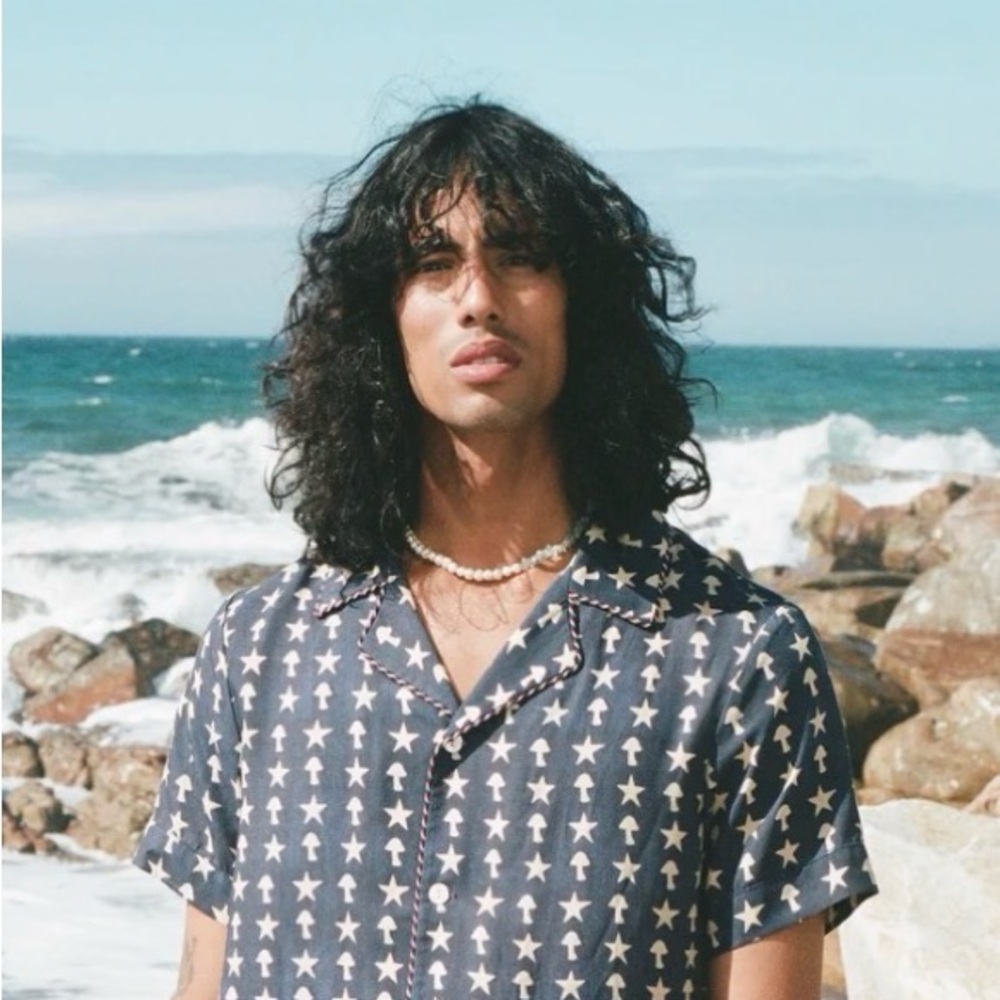 Men's Navy Short-Sleeve Button-Down Shirt with Star and Mushroom Print SHITAKE